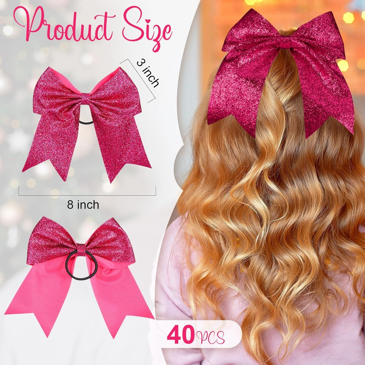Yunsailing 40 Pcs 8 Inch Large Glitter Cheer Hair Bows Bulk, Shiny Cheerleading Bows Ponytail Holder for Cheerleader Girls Softball Sports and Christmas Tree Decor(Rose Red)