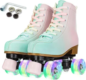 YYW Roller Skates for Girls Women Light Up Roller Skate Double Row Rollerskate Gradient PU Quad Skates Shoes for Kid Ages 8-12 Beginner