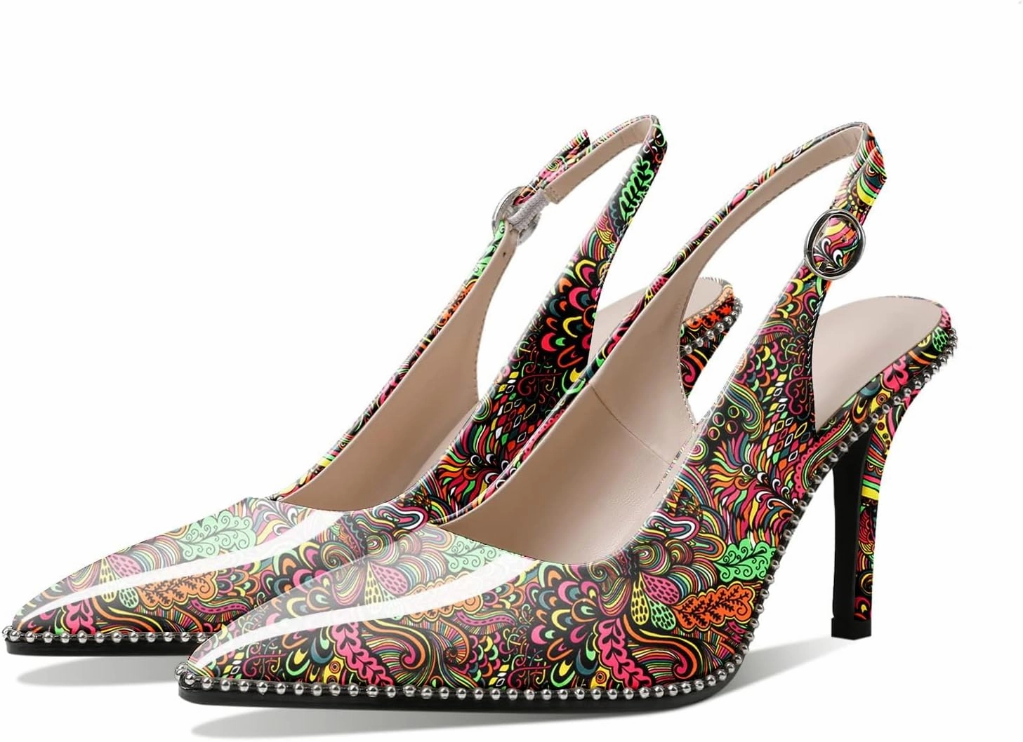 Zamikoo Women Slingback High Heels Beaded Pumps Pointed Toe Slip On 3.5 Inch Stilettos Ankle Strap Patent Leather Shoes US Size 5 -Size 13