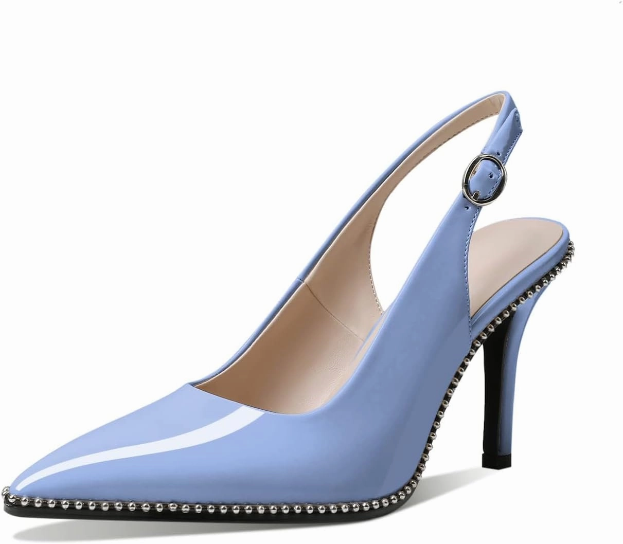 Zamikoo Women Slingback High Heels Beaded Pumps Pointed Toe Slip On 3.5 Inch Stilettos Ankle Strap Patent Leather Shoes US Size 5 -Size 13