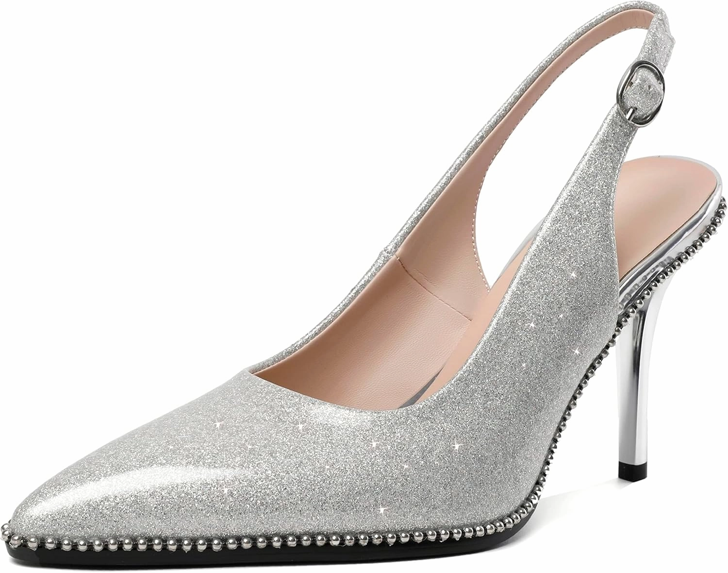 Zamikoo Women Slingback High Heels Beaded Pumps Pointed Toe Slip On 3.5 Inch Stilettos Ankle Strap Patent Leather Shoes US Size 5 -Size 13