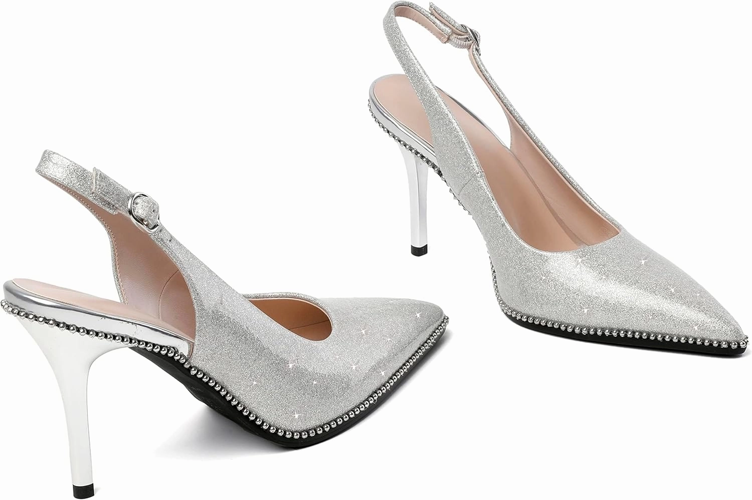 Zamikoo Women Slingback High Heels Beaded Pumps Pointed Toe Slip On 3.5 Inch Stilettos Ankle Strap Patent Leather Shoes US Size 5 -Size 13